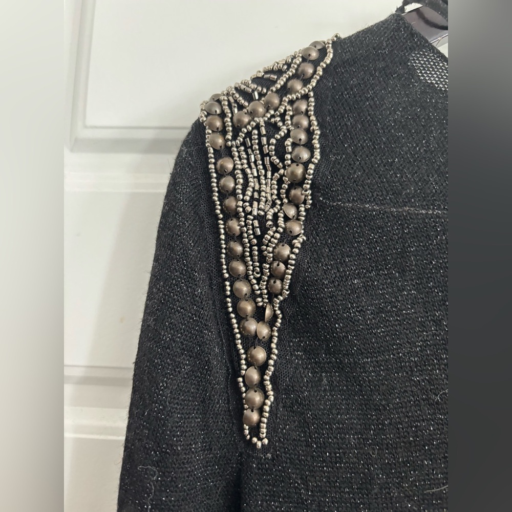 Zara Knit Thin Weight Sparkle Knit Beaded Military Shoulder Black Gold stretch M - Picture 8 of 8